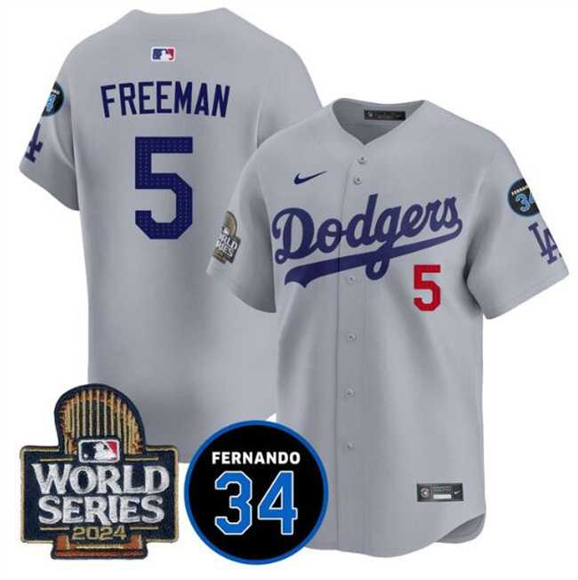 Men%27s Los Angeles Dodgers #5 Freddie Freeman Grey 2024 World Series With Fernando Memorial Patch Limited Stitched Jersey Dzhi